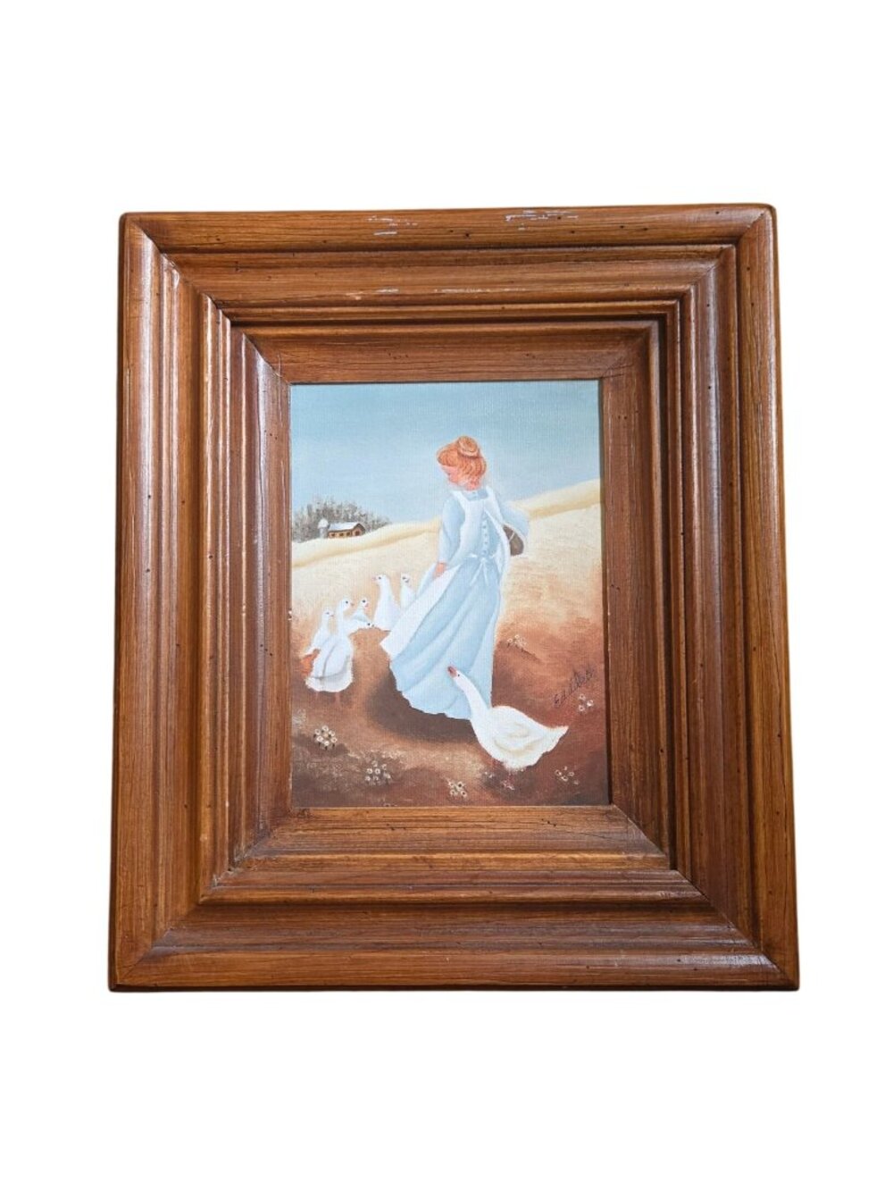 Girl With Geese Painting Farmhouse White Goose Wall Art Rural Cottagecore Farm